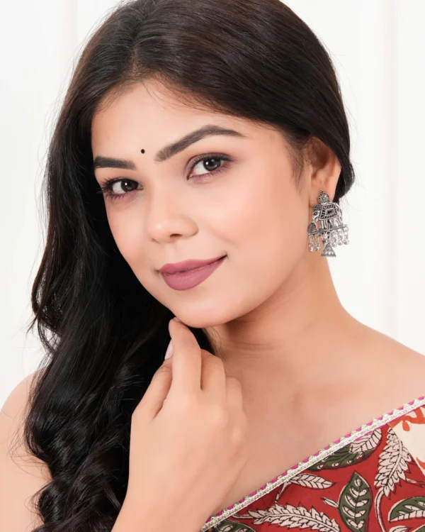 Women’s Indian Traditional AZ838-OXidised Silver Earrings For Women | Elephent Design Jumki Wedding Wear